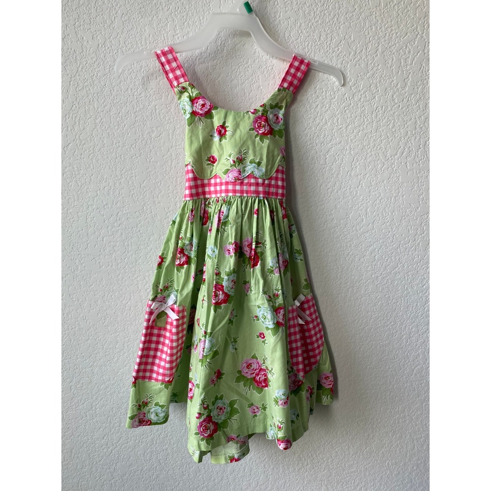 Charming Necessities Girls Floral Gingham Cottagecore Pinafore Dress Green Pink